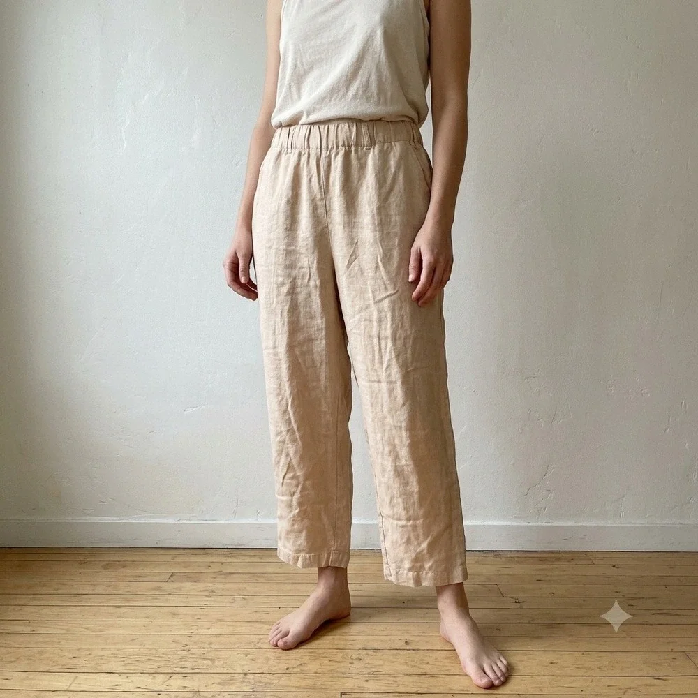 Quince Womens Pants Small Driftwood 100% European Linen Elastic Waist Minimalist